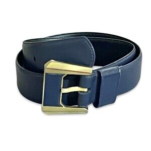 VTG 1988 Liz Claiborne Blue Leather Statement Belt Gold Buckle ‘80s M 32”-34”